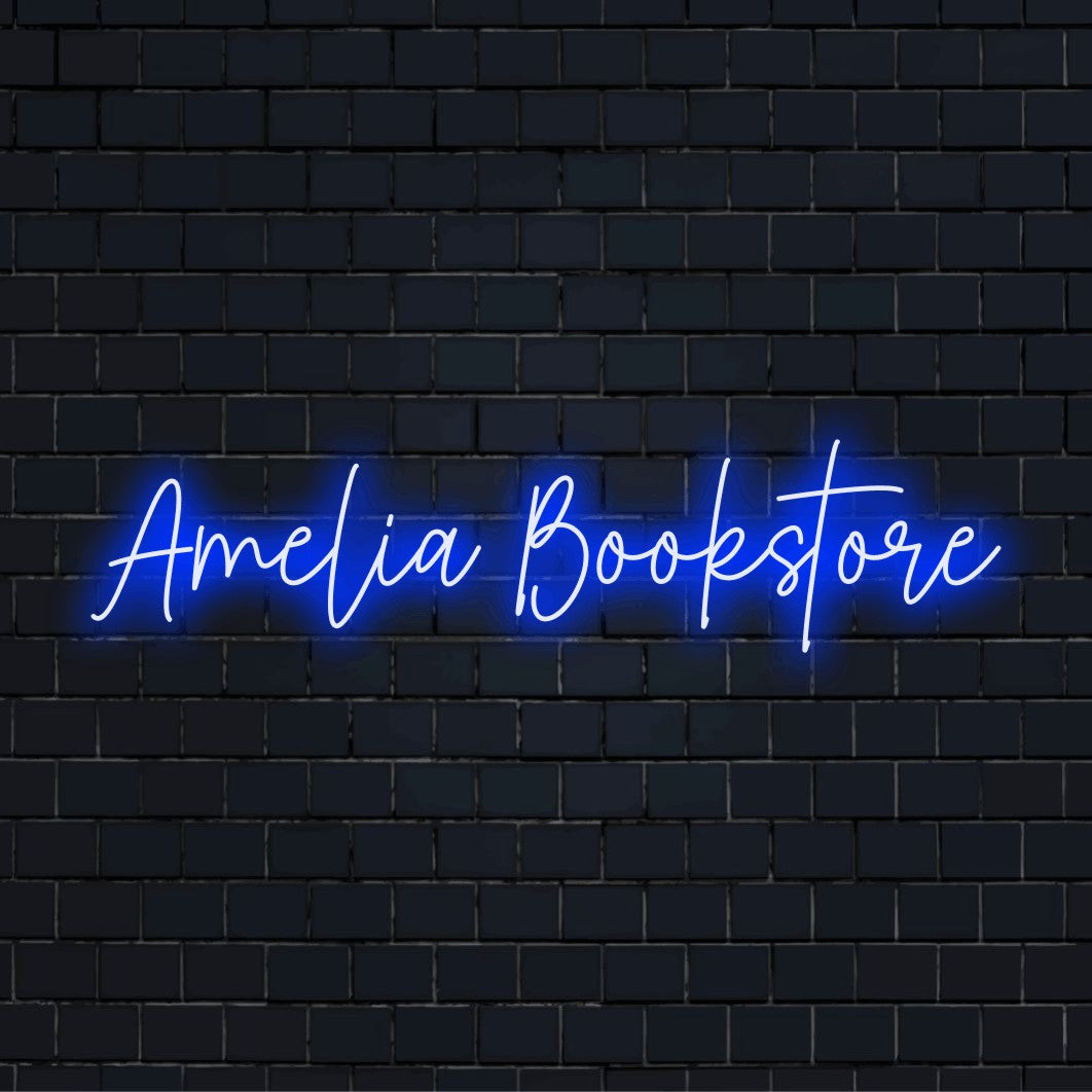Amelia Bookstore Personalized Neon Light with neon text light on dark brick background