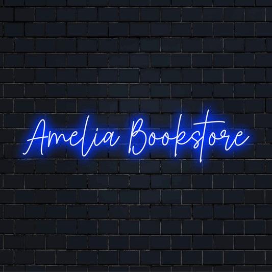 Amelia Bookstore Personalized Neon Light with neon text light on dark brick background