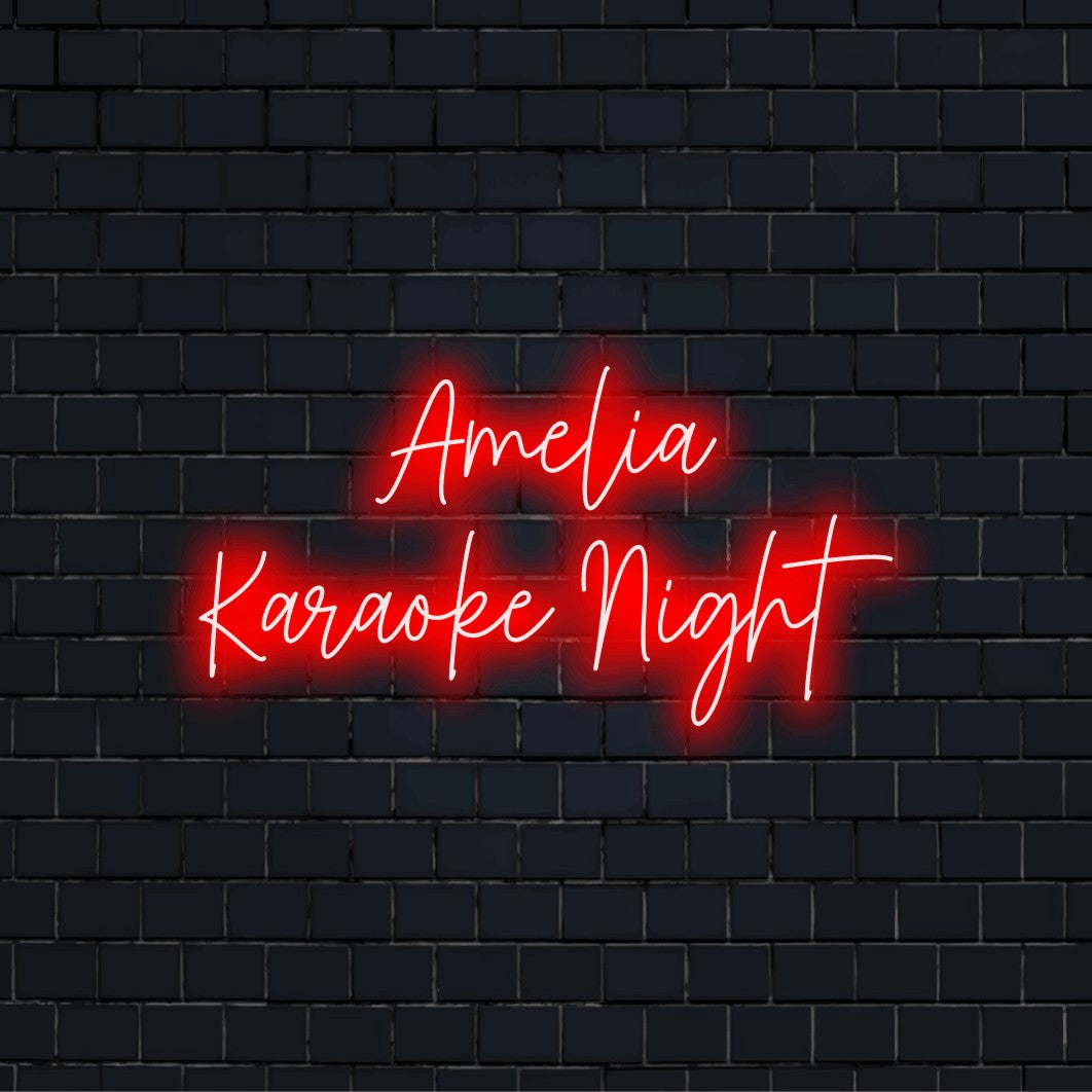 Amelia Karaoke Night Personalized Neon Light with bright neon lettering on black brick background