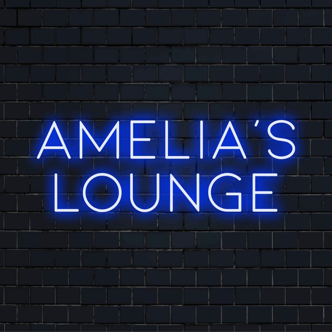 Amelia_s Lounge Custom Name Neon Sign, glowing neon text against black brick wall
