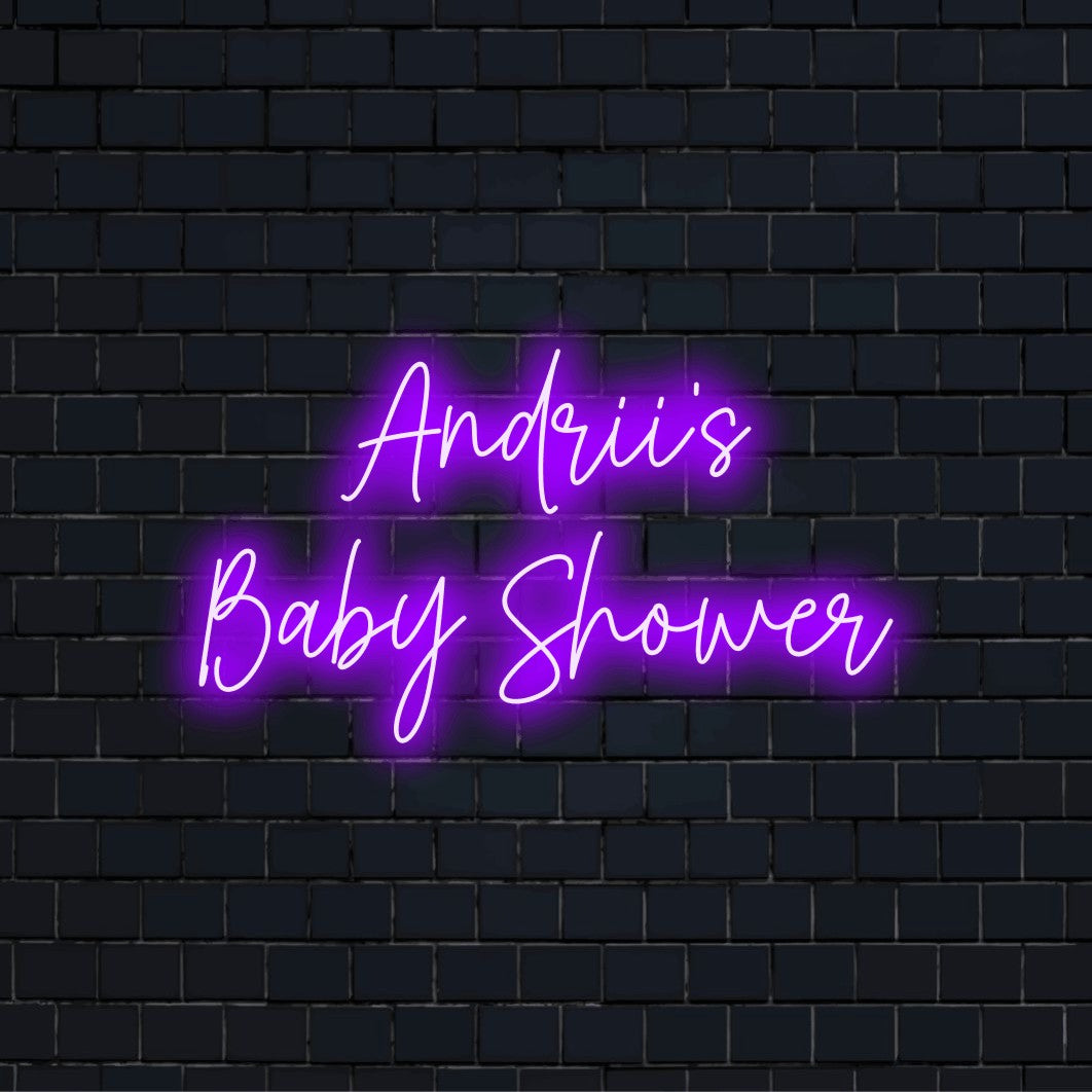 Andrii_s Baby Shower Personalized LED Neon Sign, bright neon glow on dark brick background