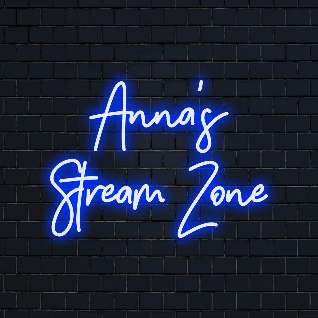 Anna_s Stream Zone Custom Name Neon Sign, glowing neon text on dark brick background