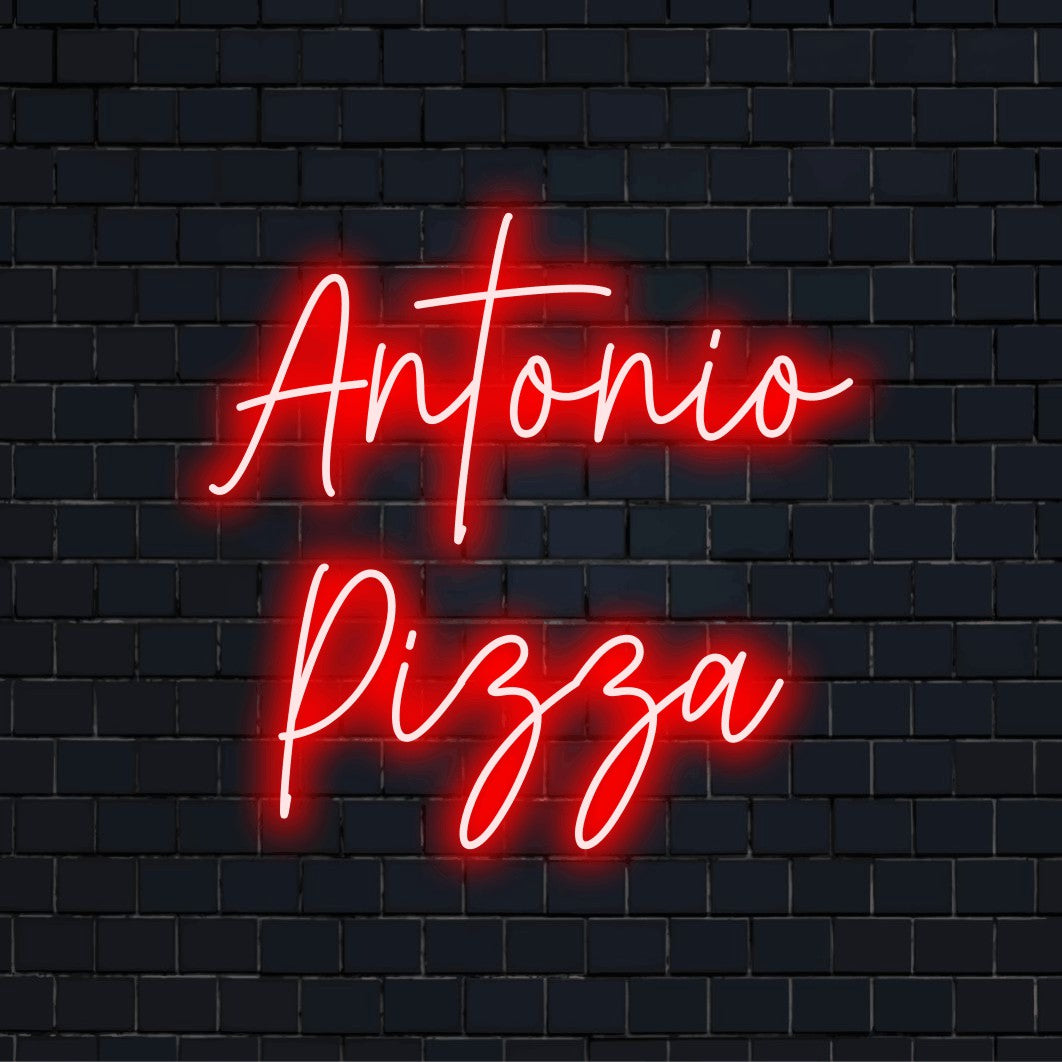 Antonio Pizza Custom Name Neon Sign, glowing wall decor on black brick background