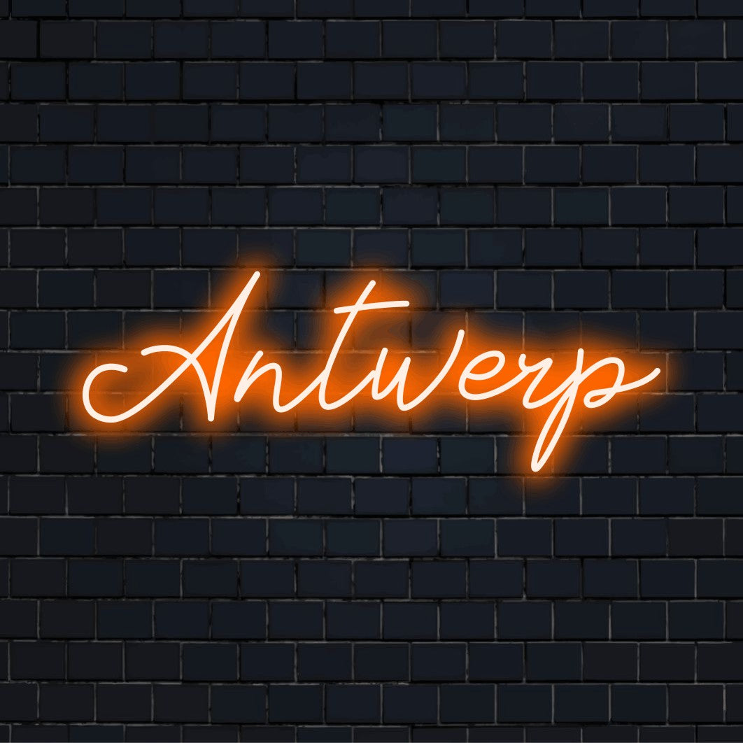 Antwerp Neon Sign, glowing wall decor on dark brick wall