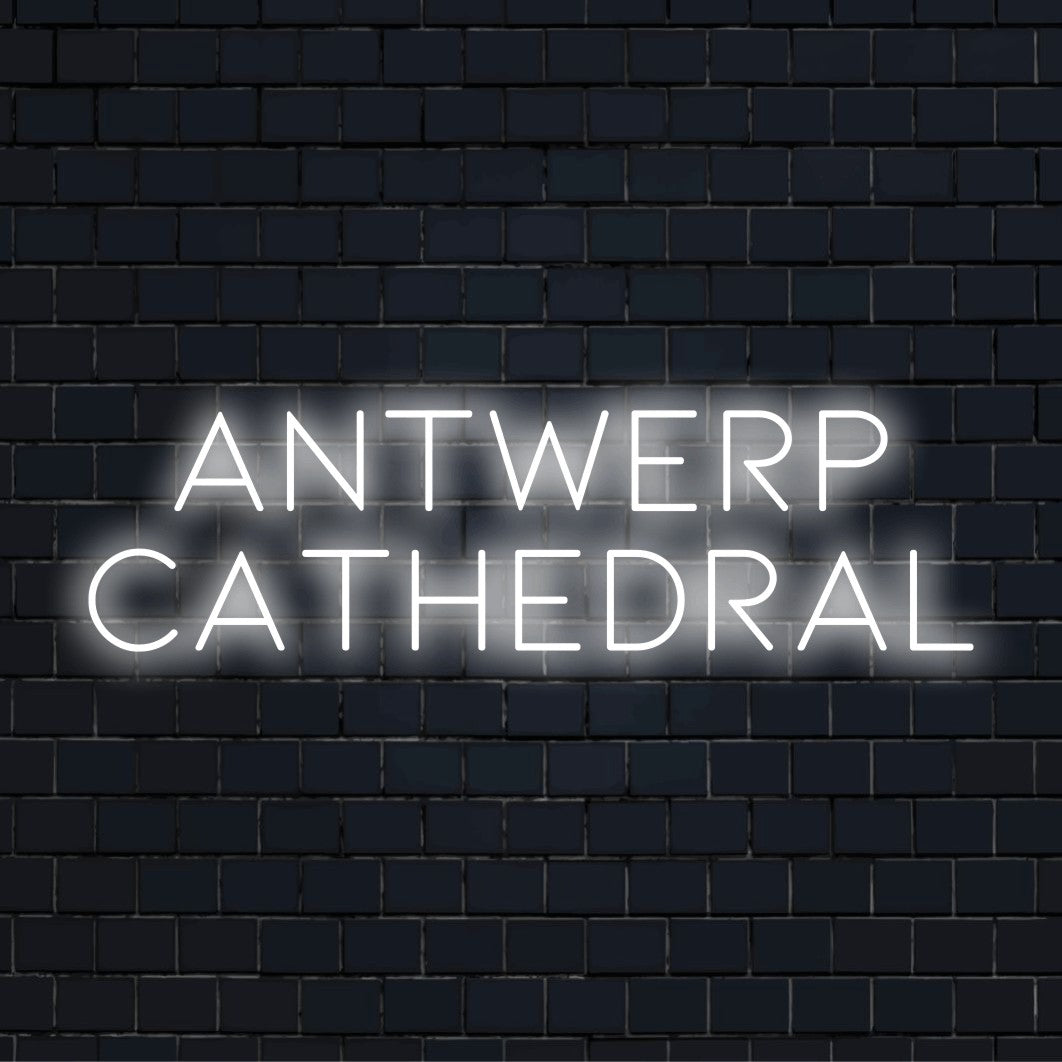 Antwerp Cathedral Neon Light with bright neon glow on dark brick wall