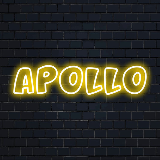 Apollo Neon Sign, glowing wall decor against black brick wall