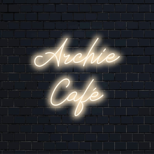 Archie Cafe Custom Name Neon Sign, bright neon glow on dark brick background
