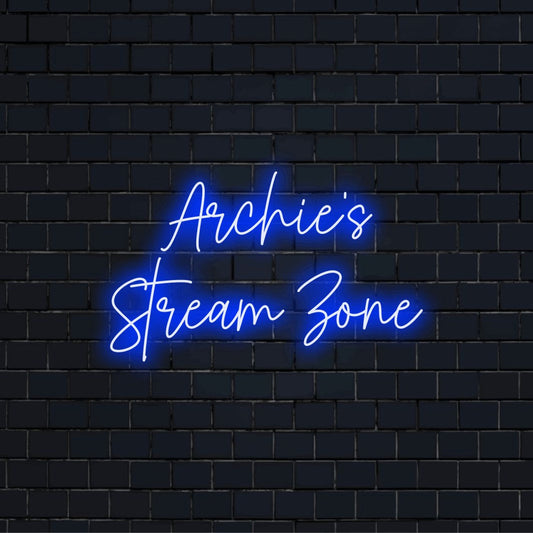 Archie_s Stream Zone Custom Name Neon Sign, soft neon glow against black brick wall