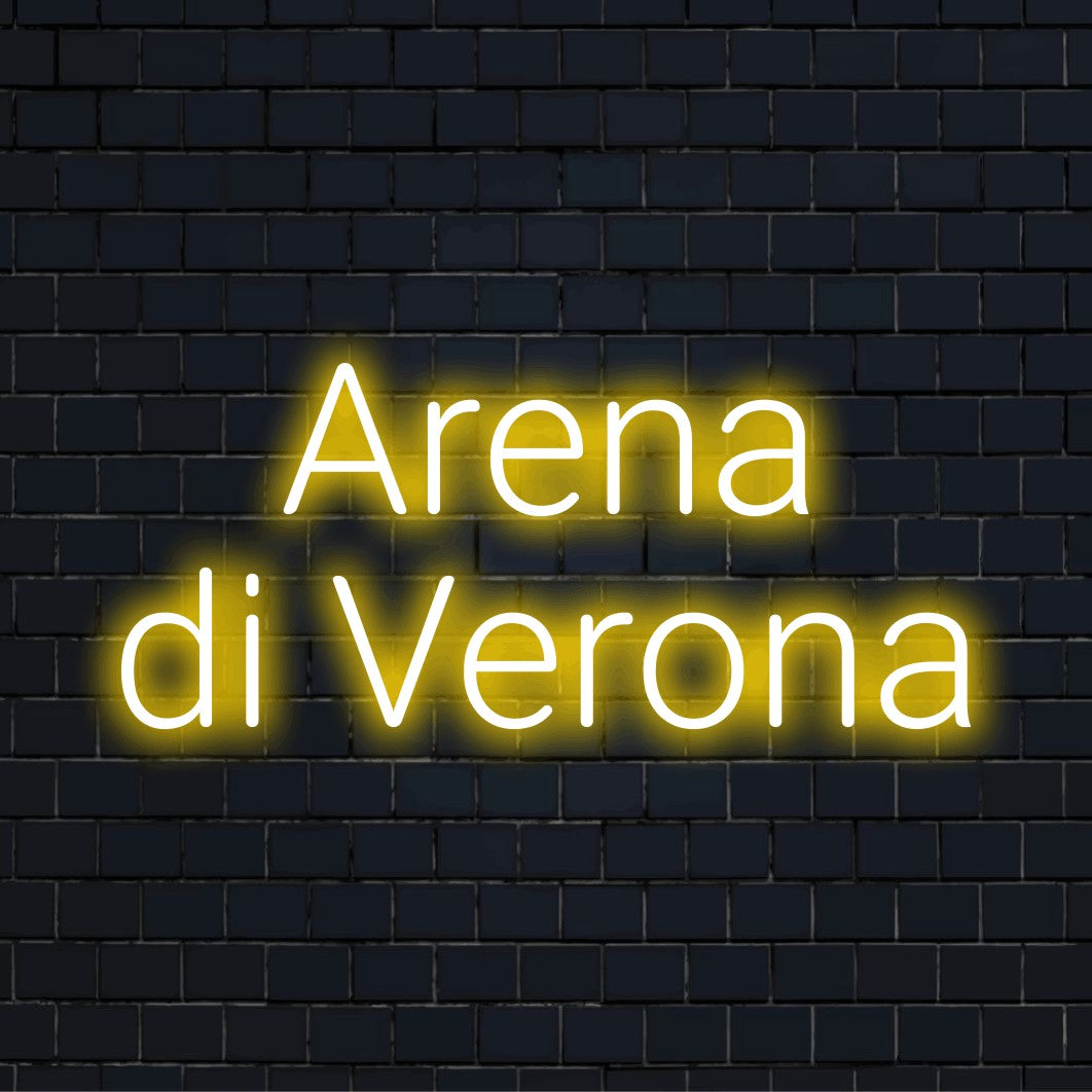 Arena Di Verona Neon Light with glowing lettering on black brick background