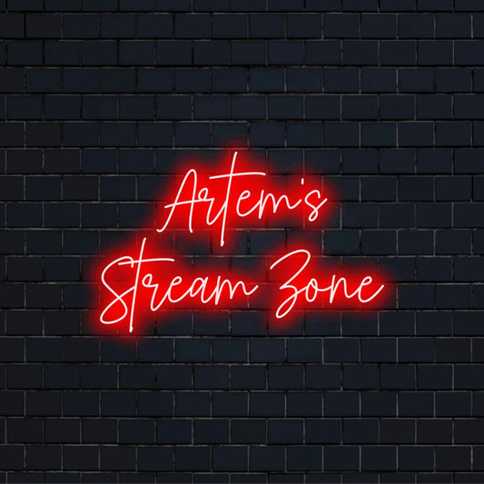 Artem_s Stream Zone Personalized Neon Light with bright neon glow on black brick background