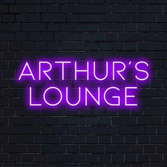 Arthur_s Lounge Personalized LED Neon Sign, bright neon lettering against black brick wall