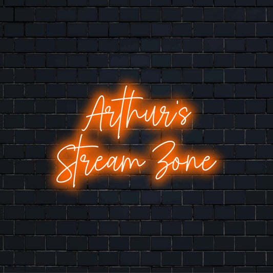 Arthur_s Stream Zone Custom Name Neon Sign, glowing lettering on dark brick wall
