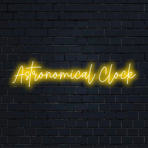 Astronomical Clock Neon Sign, soft neon glow on dark brick wall