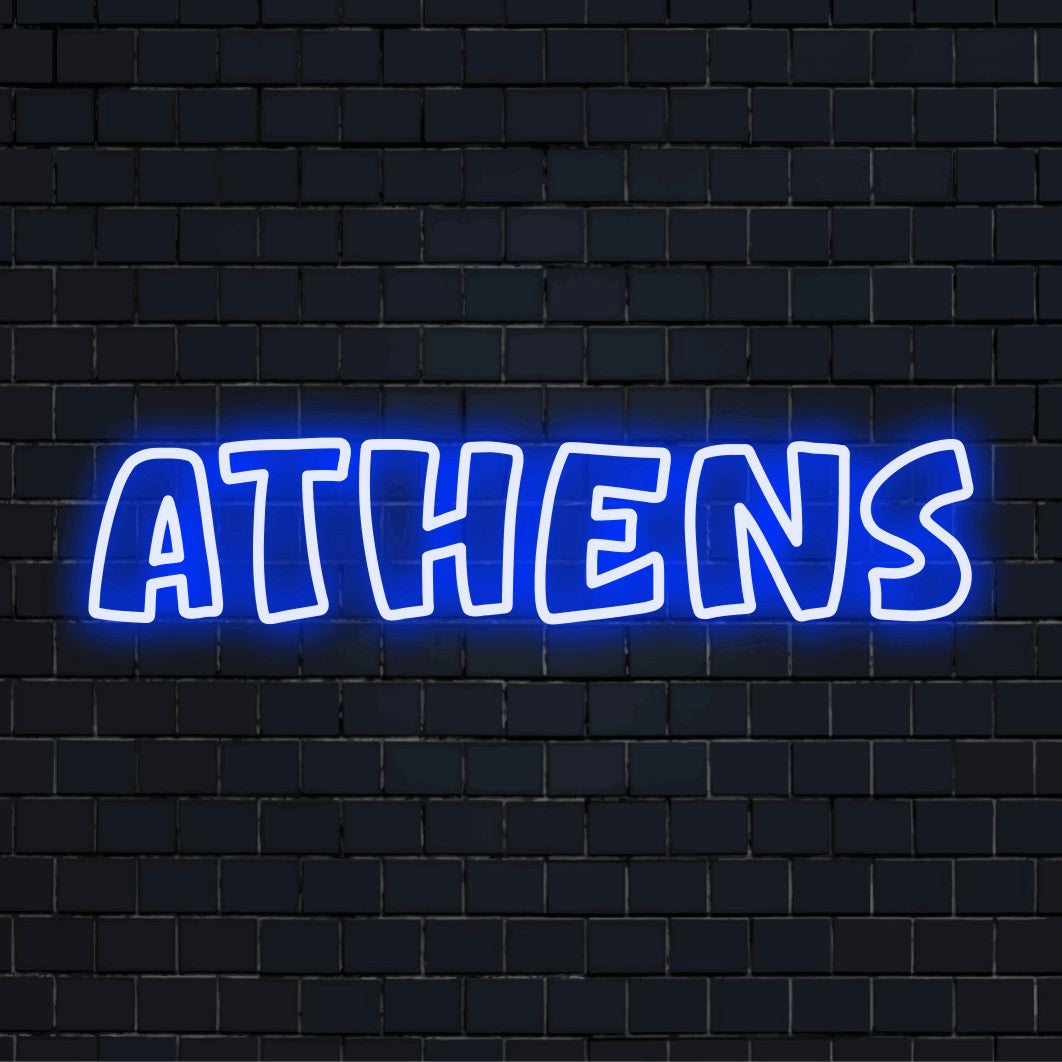 Athens Neon Light with bright LED glow against brick backdrop