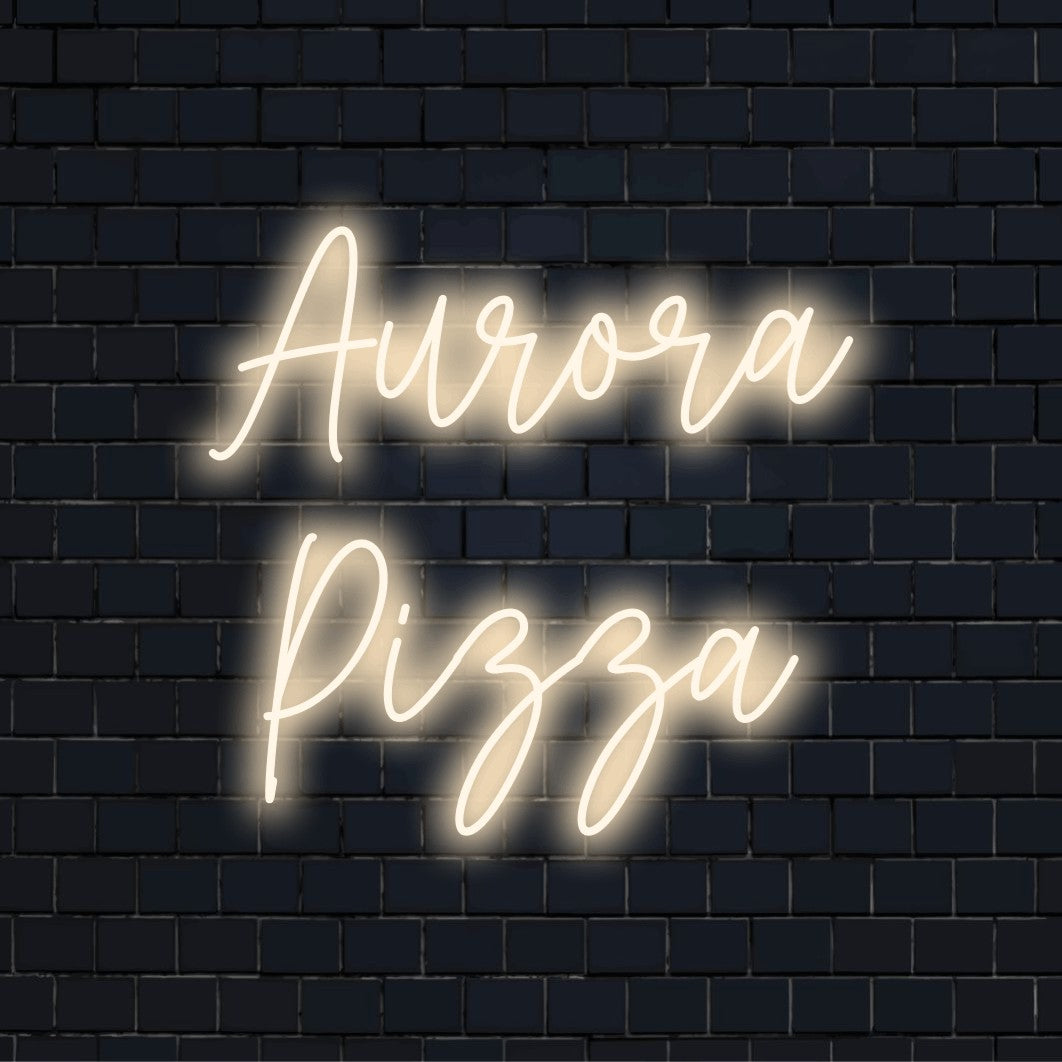 Aurora Pizza Custom Name Neon Sign, glowing neon text against brick backdrop