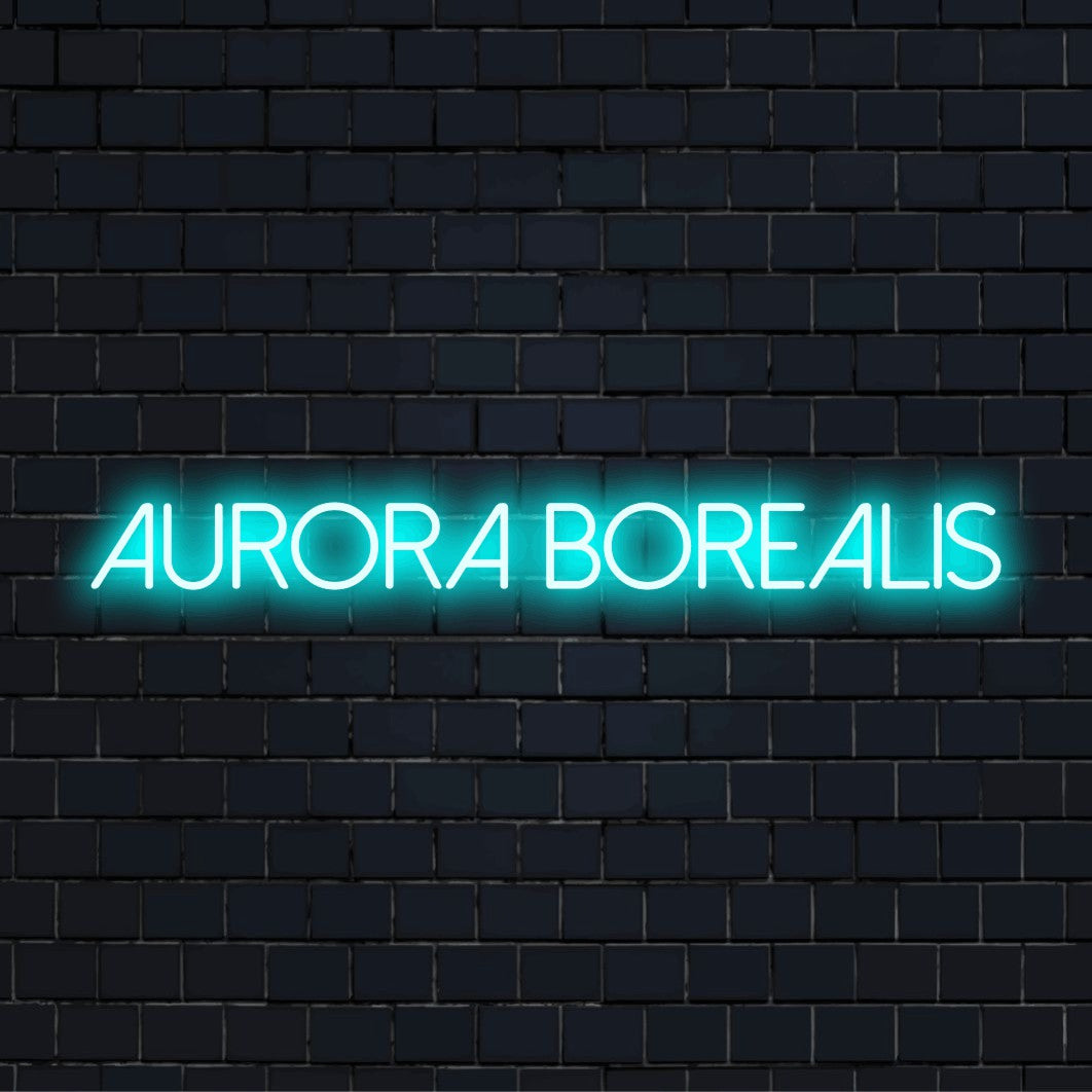Aurora Borealis Neon Sign, bright LED glow against brick backdrop
