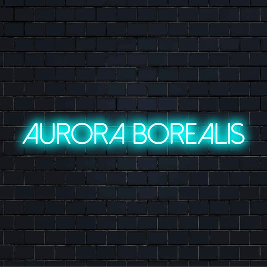 Aurora Borealis Neon Sign, bright LED glow against brick backdrop
