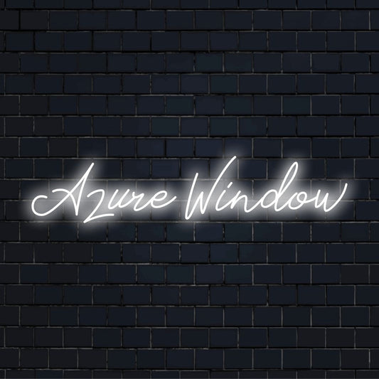 Azure Window Neon Sign, glowing neon text on dark brick wall