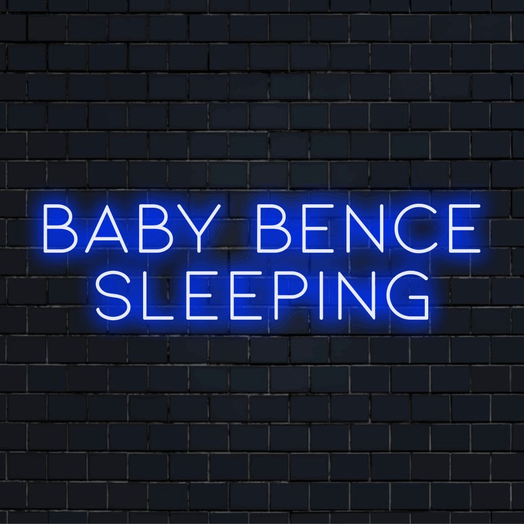 Baby Bence Sleeping Personalized LED Neon Sign, bright LED glow against brick backdrop