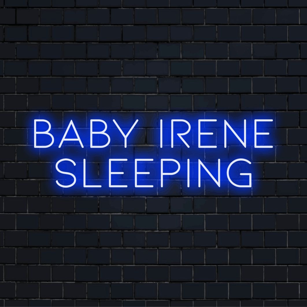 Baby Irene Sleeping Custom Name Neon Sign, soft neon glow on dark brick background