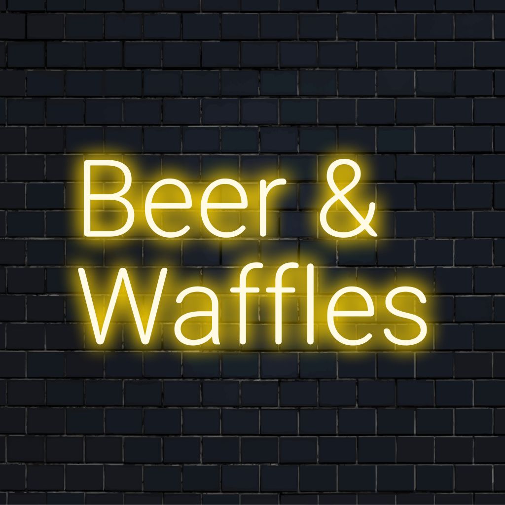 Beer Waffles Neon Sign, bright LED glow against black brick wall