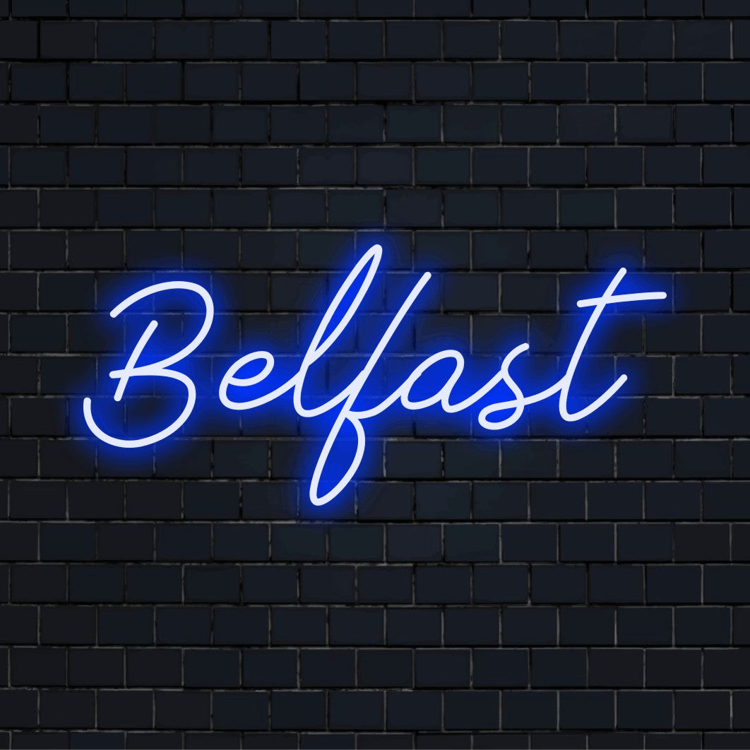 Belfast Neon Sign, glowing wall decor on black brick background