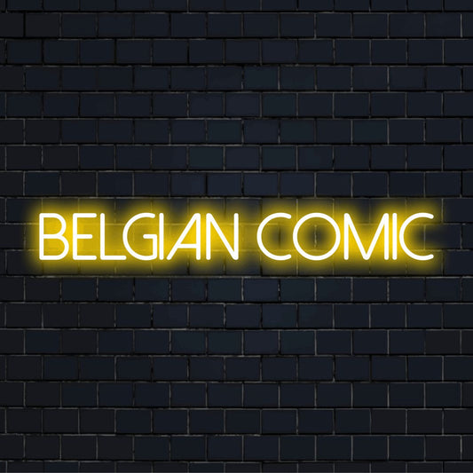 Belgian Comic LED Neon Sign, bright LED glow on dark brick background