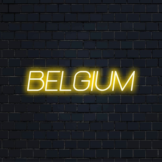 Belgium Neon Sign, glowing neon text on black brick background