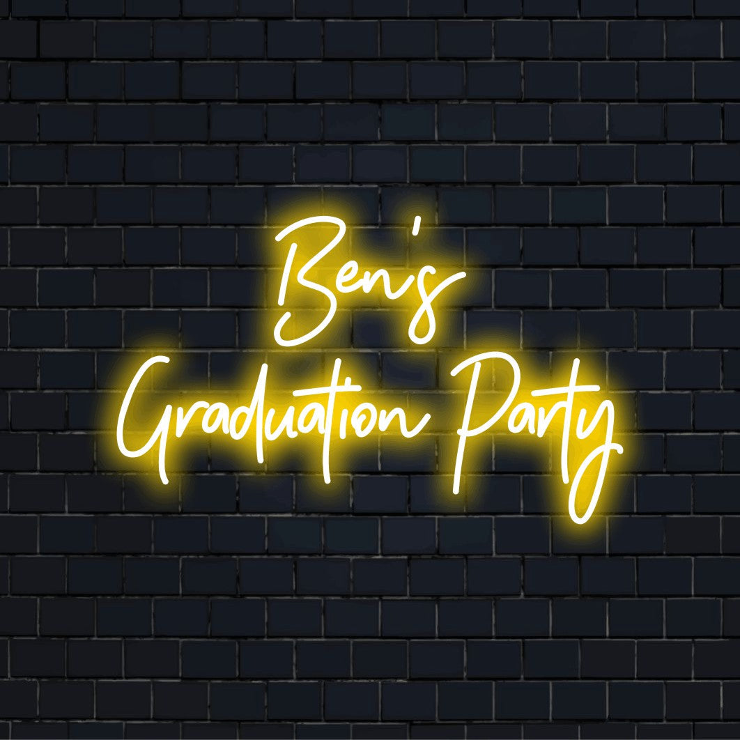 Ben_s Graduation Party Custom Name Neon Sign, bright neon glow on dark brick wall