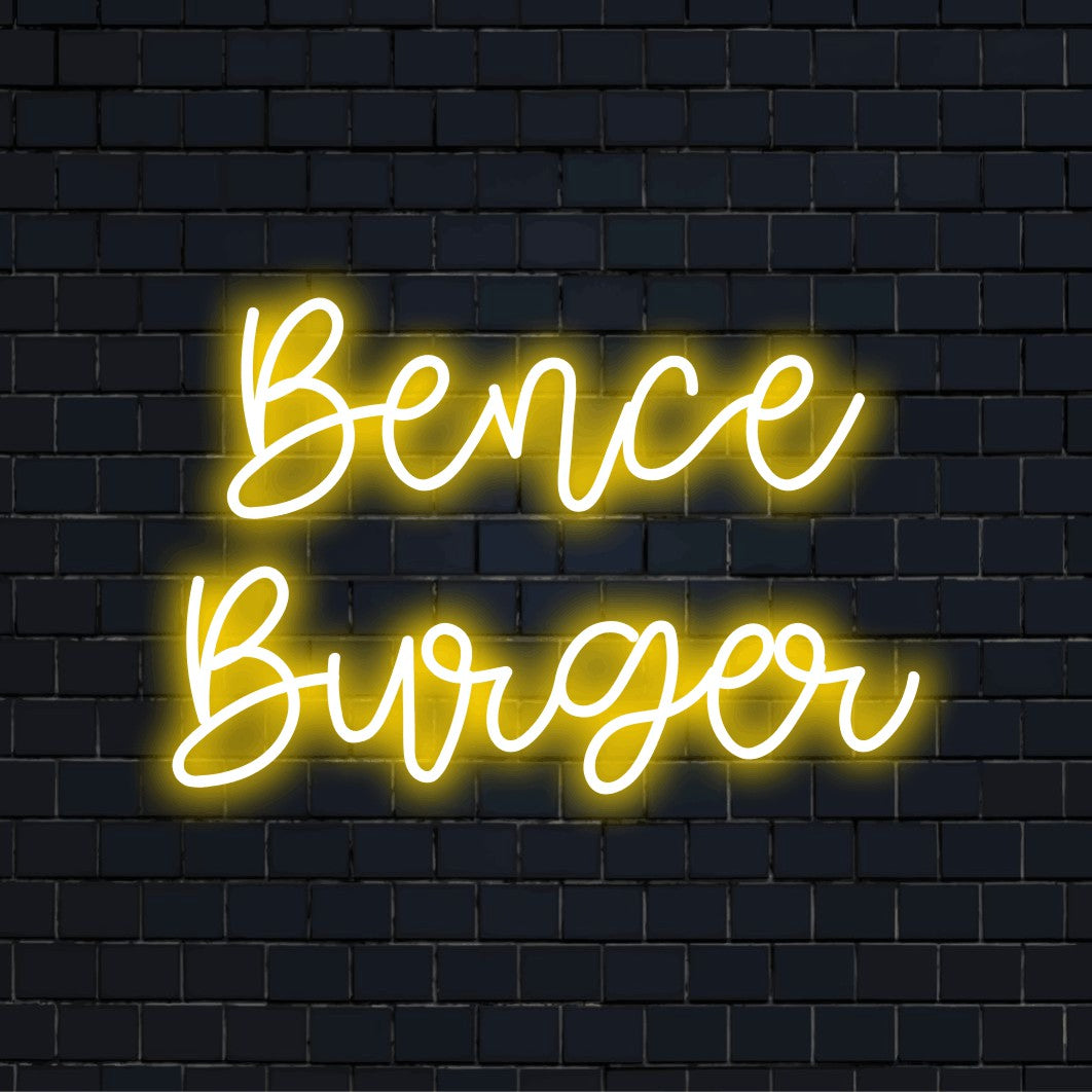 Bence Burger Personalized LED Neon Sign, glowing neon text on dark brick background