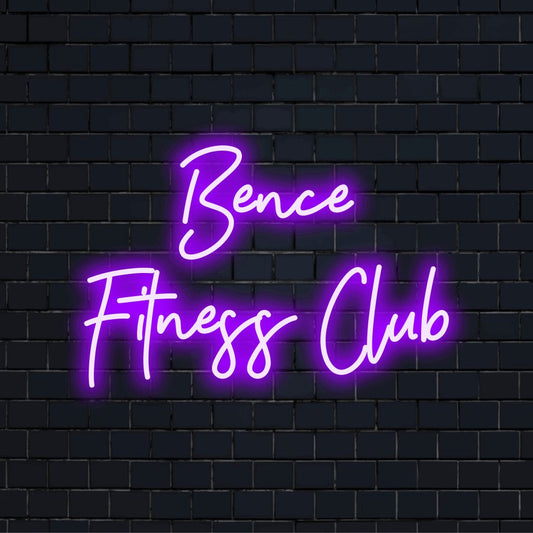 Bence Fitness Club Custom Name Neon Sign, bright neon glow against black brick wall