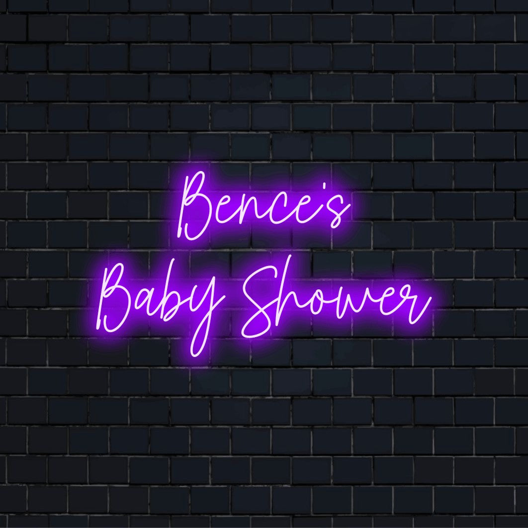 Bence_s Baby Shower Personalized Neon Light with bright LED glow on black brick background