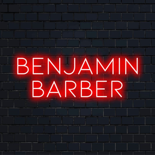 Benjamin Barber Custom Name Neon Sign, bright neon lettering on dark brick wall