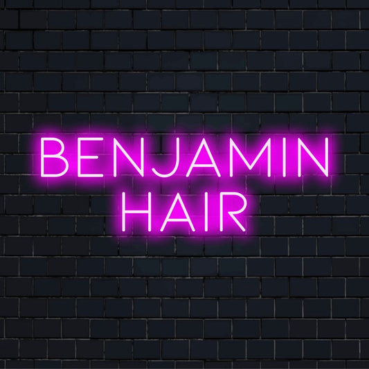 Benjamin Hair Custom Name Neon Sign, glowing wall decor on dark brick wall