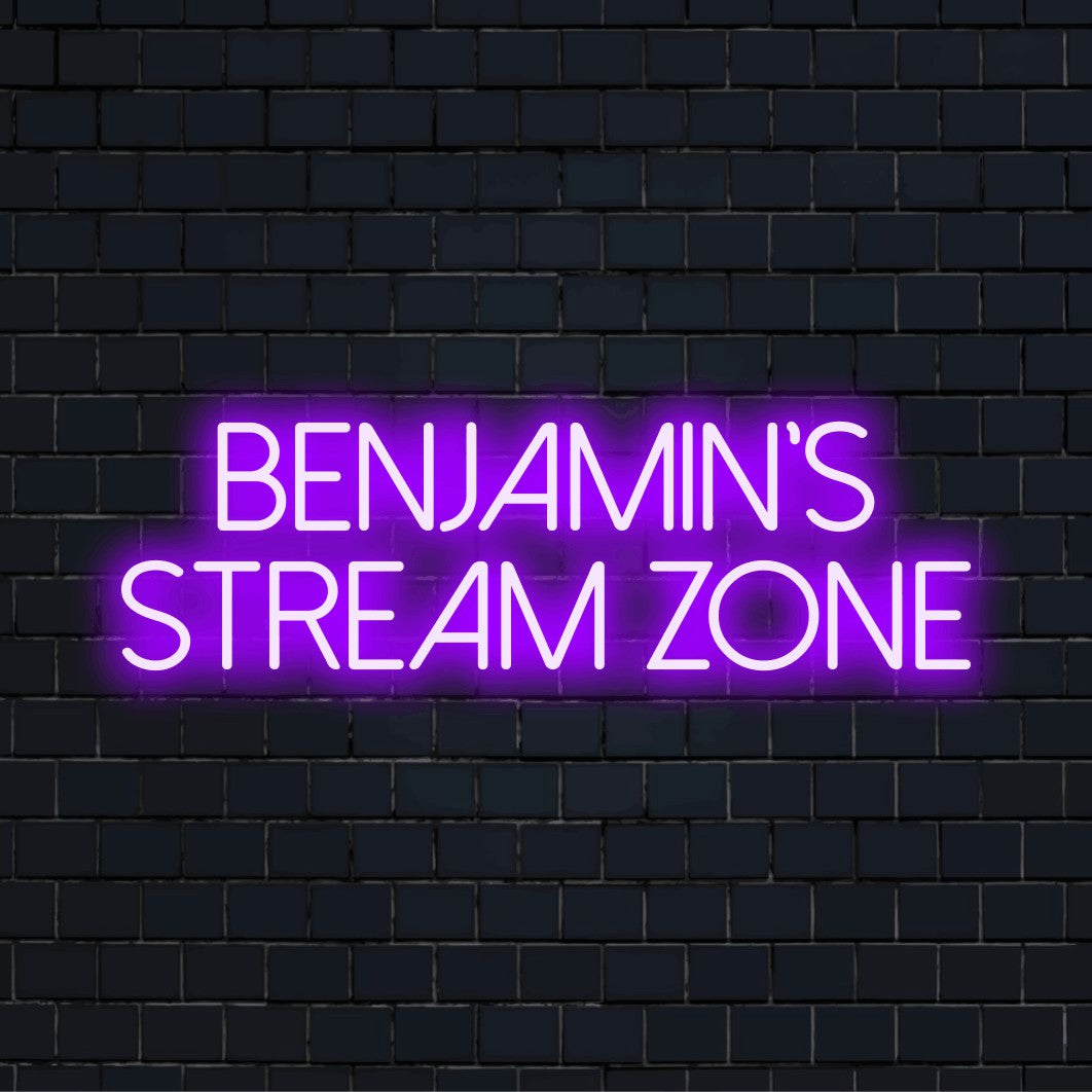 Benjamin_s Stream Zone Custom Name Neon Sign, bright LED glow on dark brick background