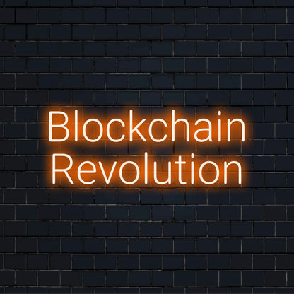 Blockchain Revolution Neon Sign, glowing lettering against brick backdrop