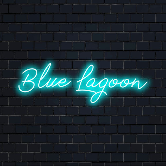 Blue Lagoon Neon Sign, bright neon lettering on black brick background