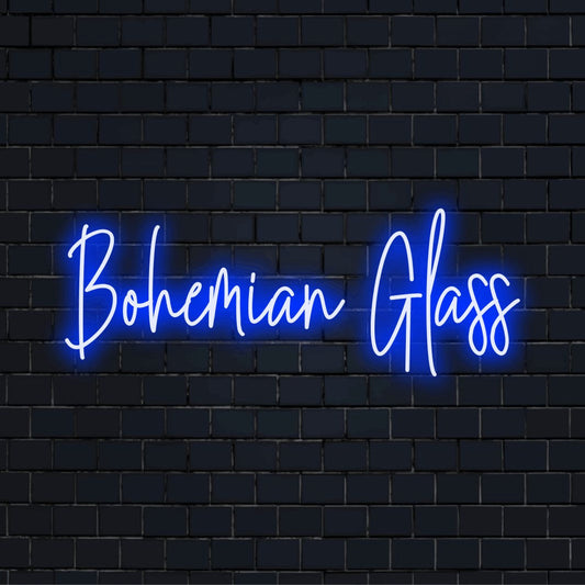 Bohemian Glass Neon Sign, soft neon glow on black brick background