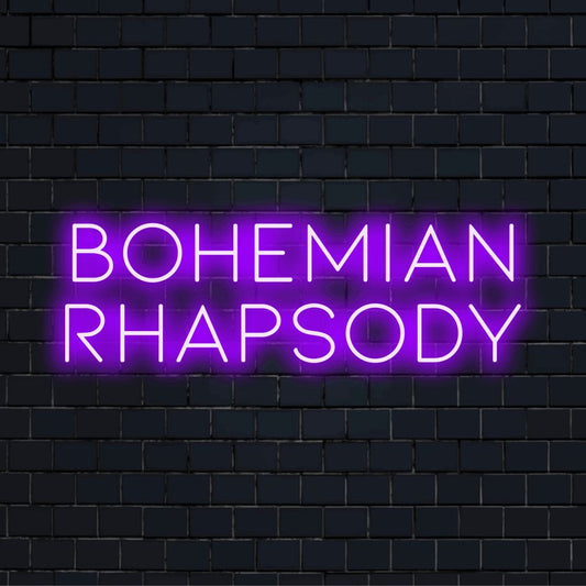 Bohemian Rhapsody Neon Light with glowing neon text against brick backdrop