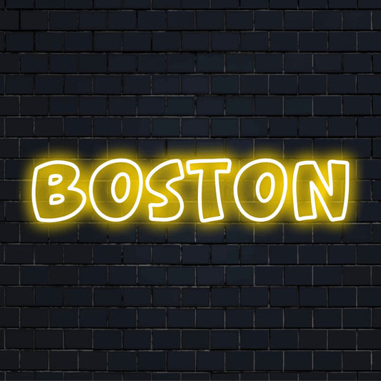 Boston LED Neon Sign, neon text light on dark brick wall