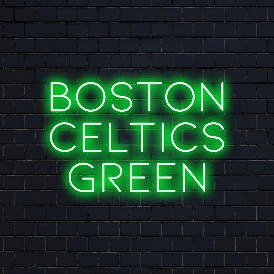 Boston Celtics Green LED Neon Sign, bright neon lettering against black brick wall