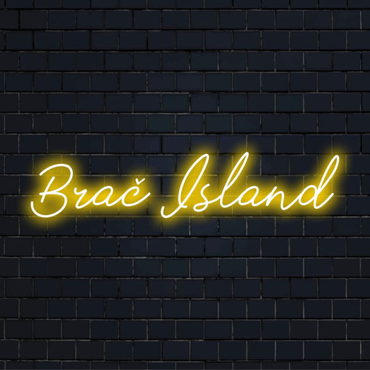 Bra Island LED Neon Sign, glowing wall decor on dark brick background
