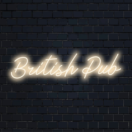 British Pub Neon Sign, bright neon lettering against black brick wall