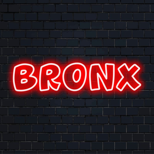 Bronx Neon Light with bright LED glow on dark brick background