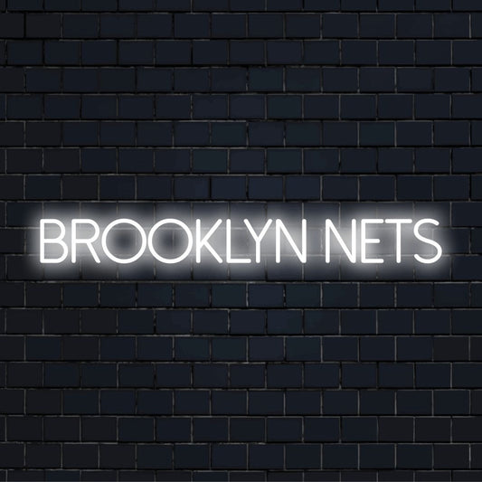 Brooklyn Nets LED Neon Sign, glowing wall decor on black brick background