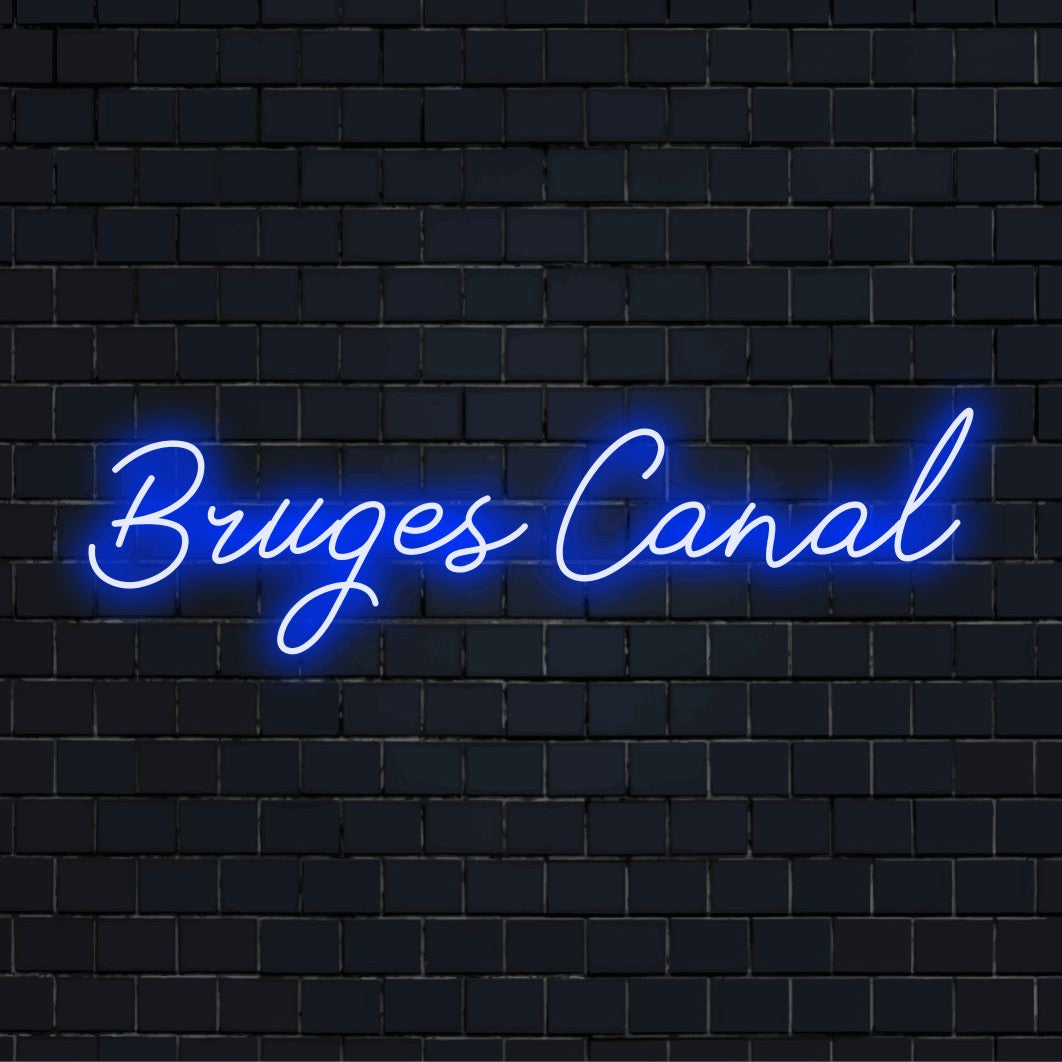 Bruges Canal LED Neon Sign, glowing neon text on dark brick background