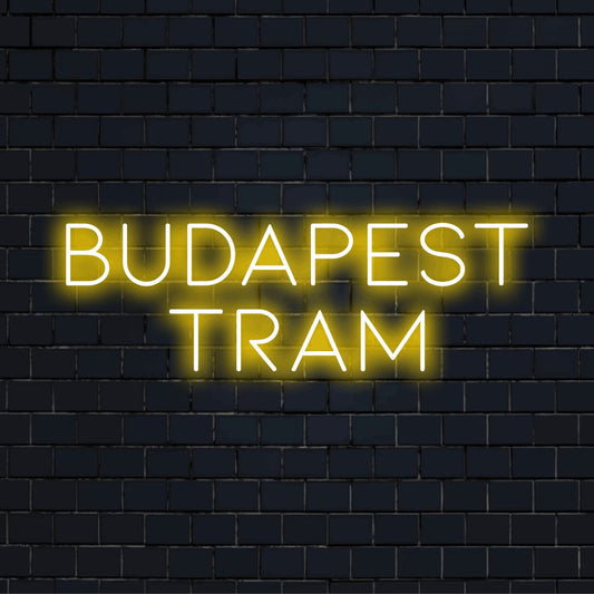 Budapest Tram LED Neon Sign, glowing wall decor on dark brick background