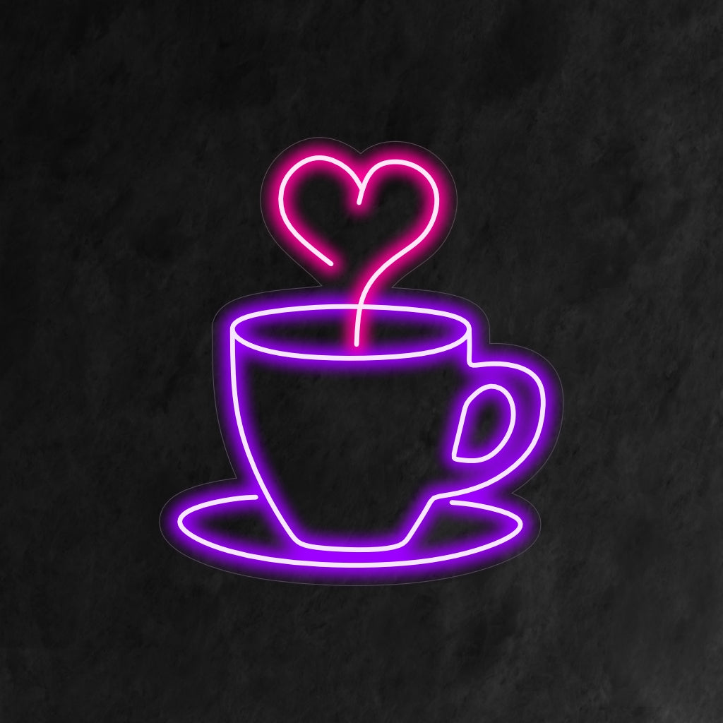 Custom LED neon in a heart shape with a coffee cup design; perfect neon wall art and light decor.