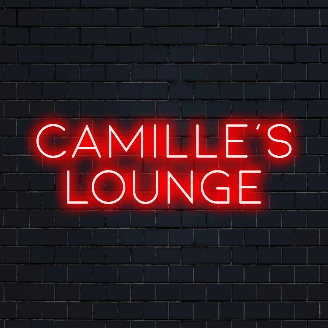 Camille_s Lounge Custom Name Neon Sign, soft neon glow on dark brick wall