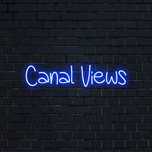Canal Views LED Neon Sign, bright neon lettering on black brick background
